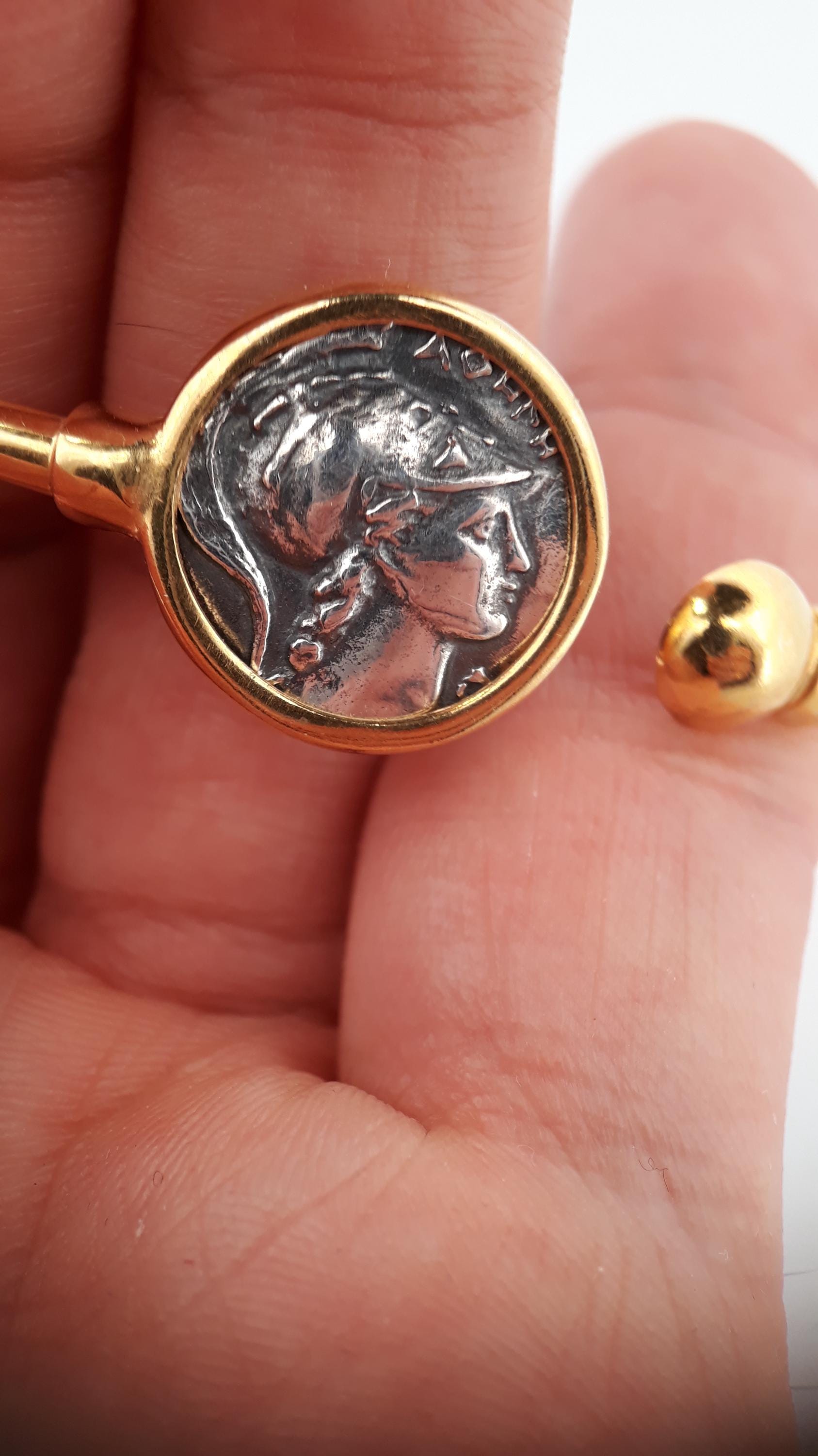 Gold Plated Athena Bangle Bracelet: Ancient Greek Coin Medallion