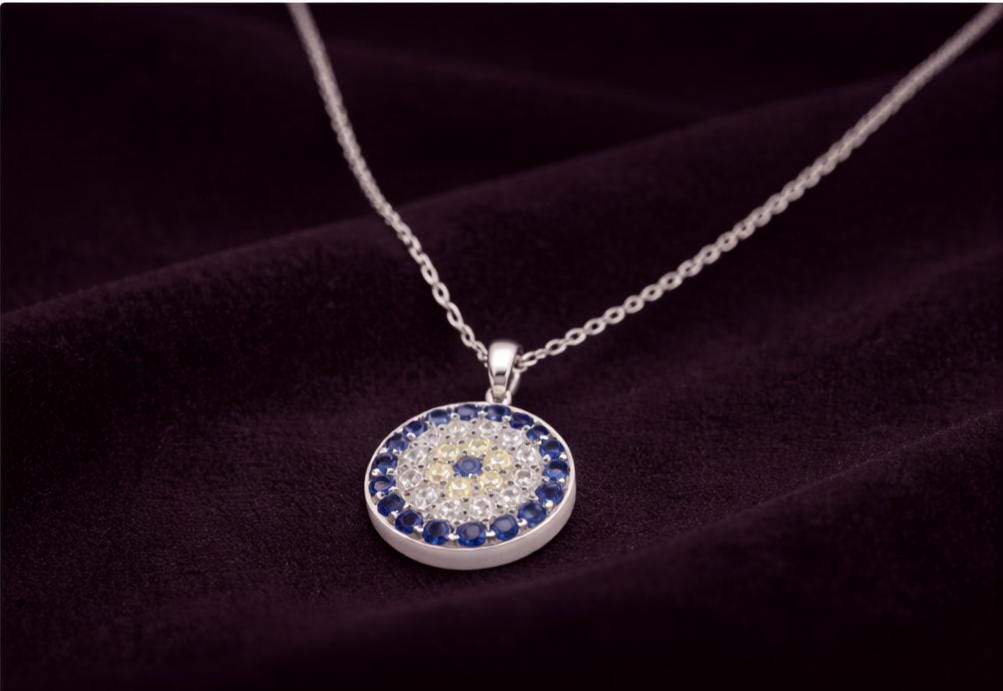 Evil Eye Pendant Necklace – Silver Round Blue Zirconia Protection Charm