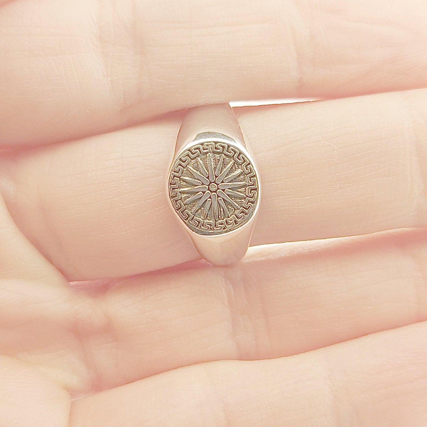 Sterling Silver Macedonian Star Signet Ring, Greek Key Pattern