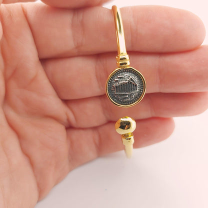 Parthenon Temple Bracelet, Gold Plated Silver, Greek Acropolis Design, Adjustable Bangle
