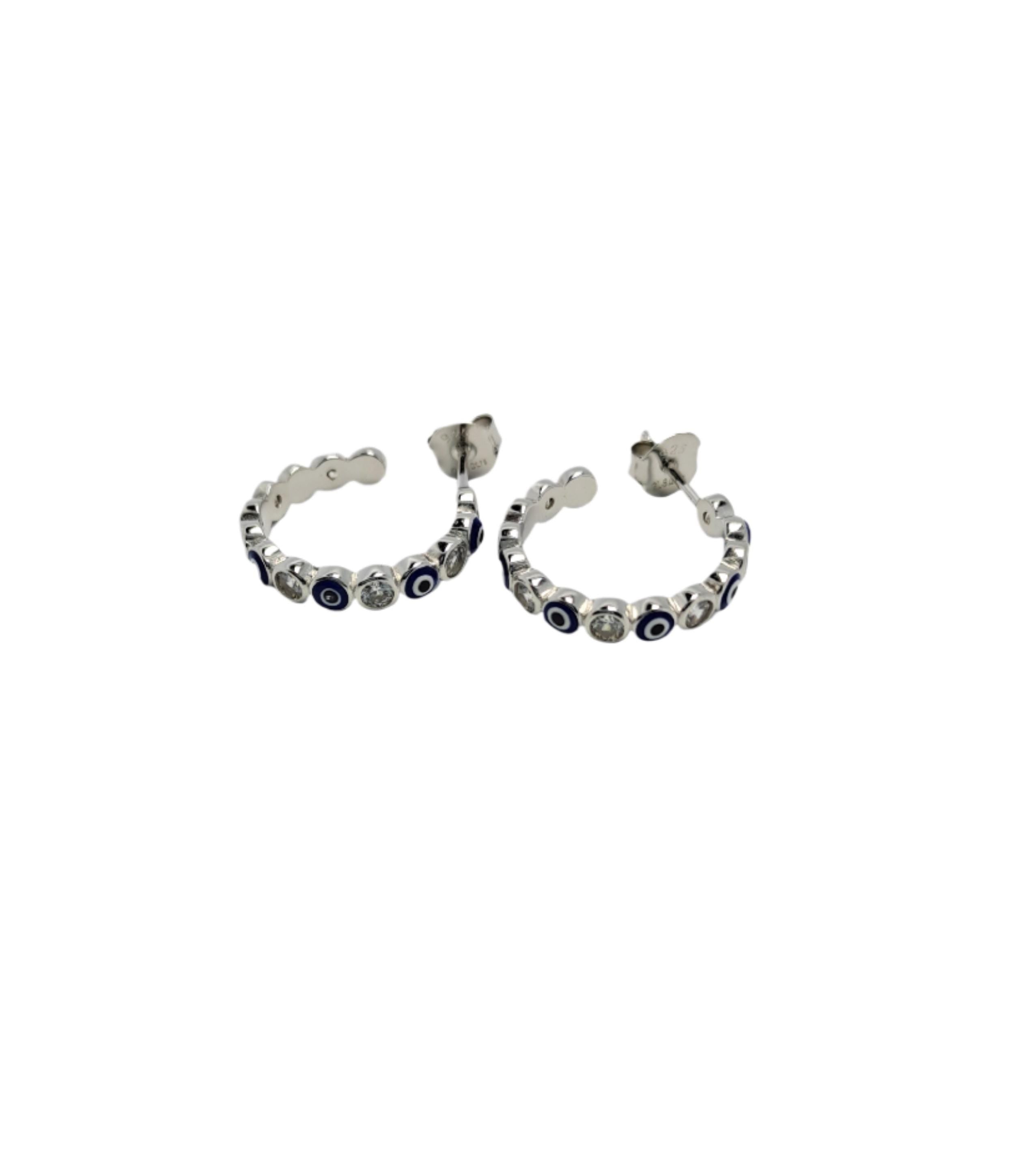 Silver Half Hoop Earrings – Blue Evil Eye & Clear Zirconia Sparkling Hoops