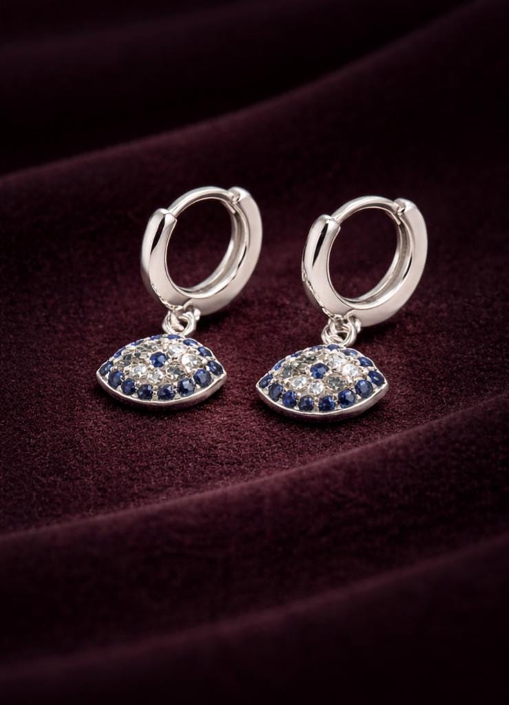 Evil Eye Hoop Earrings Sterling Silver Huggie With Blue Zirconia Charm