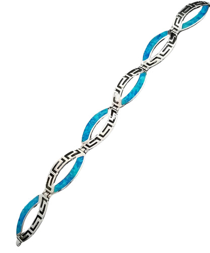 Sterling Silver Greek Key Bracelet, Blue Opal Inlay, Meander Design