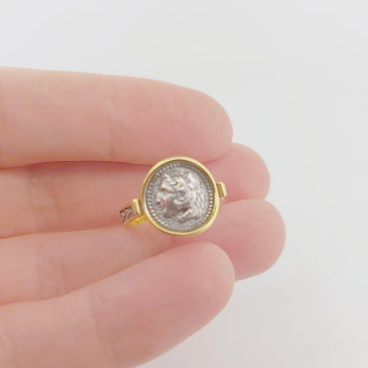 Alexander the Great Ring, Silver Gold Plated Ring, Greek History Coin Design