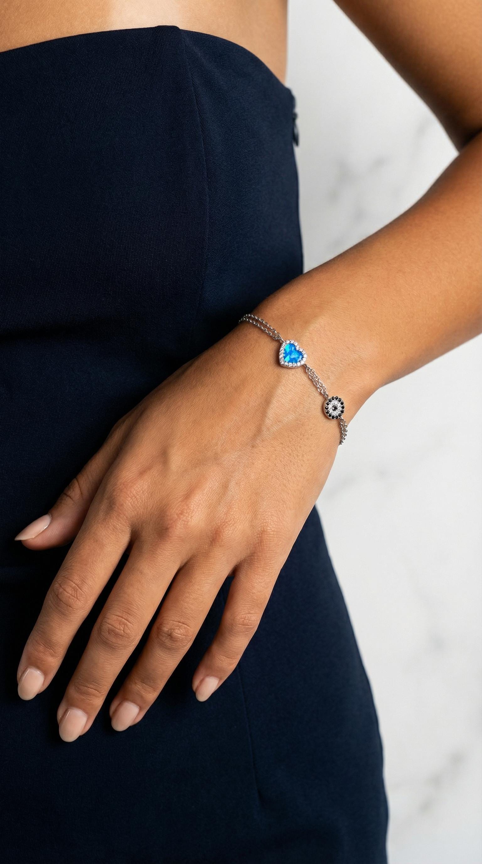 Blue Opal Bracelet – Sterling Silver Heart Shape Jewelry With Evil Eye Protection Charm