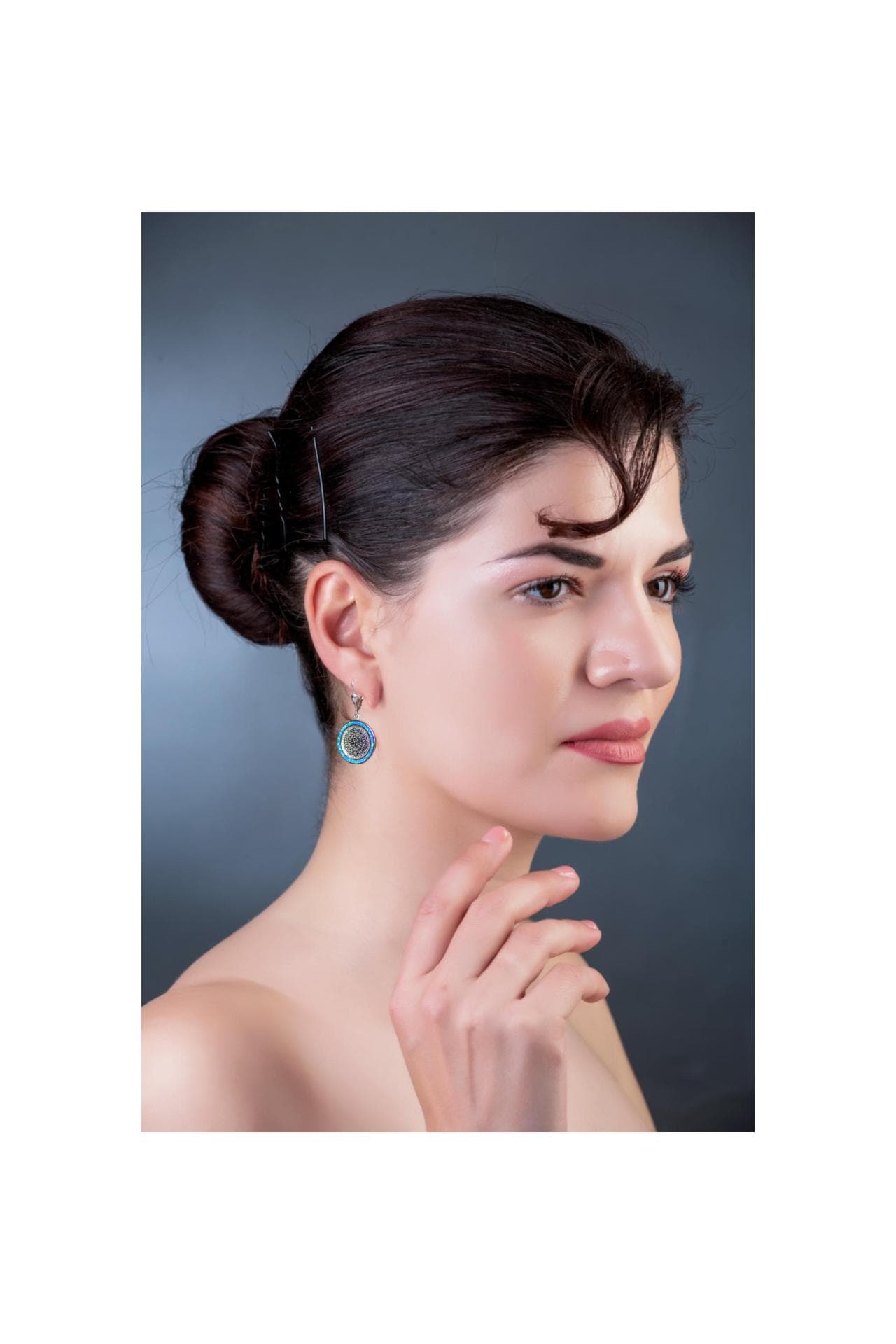 Silver Phaistos Disc Dangle Earrings: Blue Opal, Ancient Greek Design