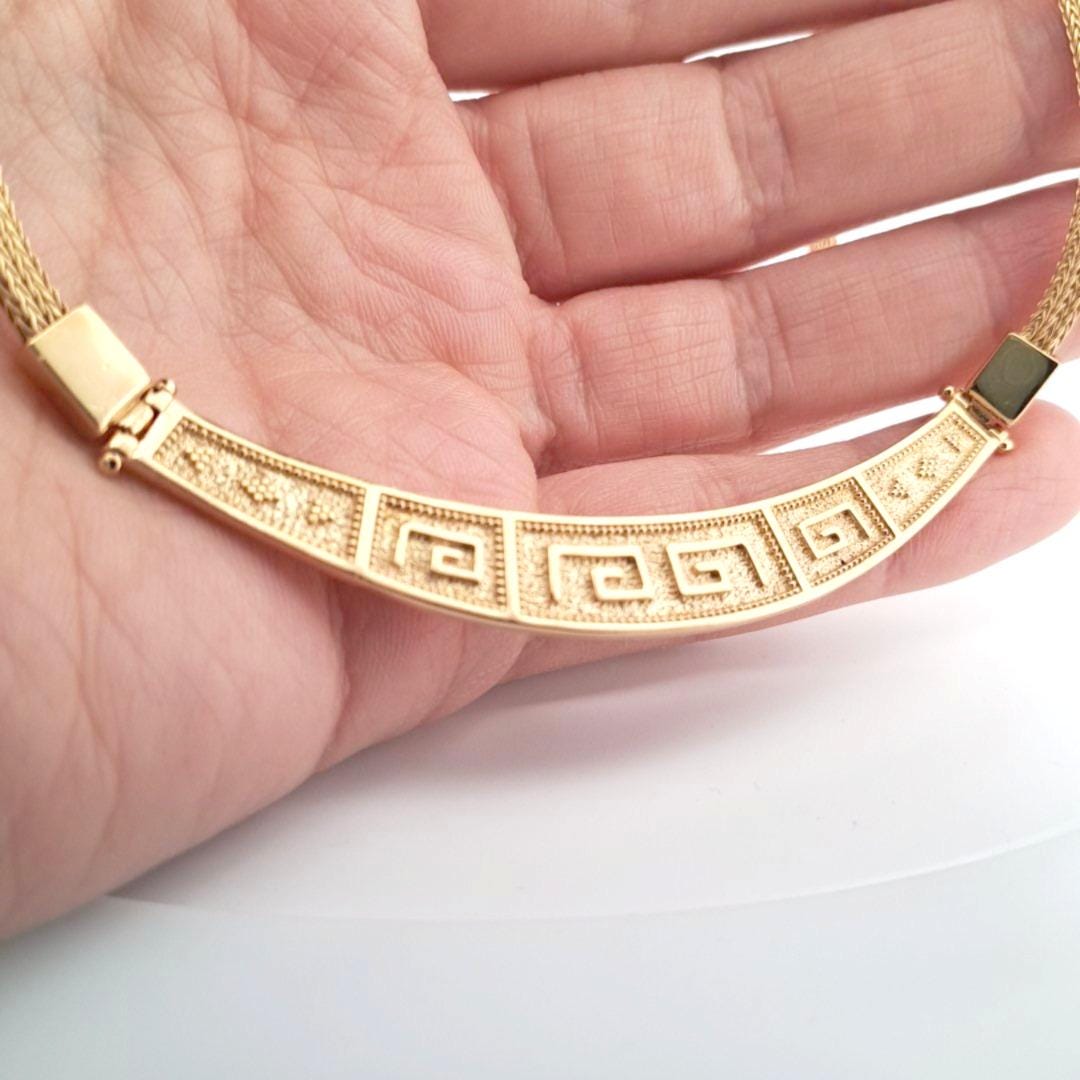 Gold Plated Necklace – Greek Key Jewelry with Byzantine Chain & Layered Gold Chains