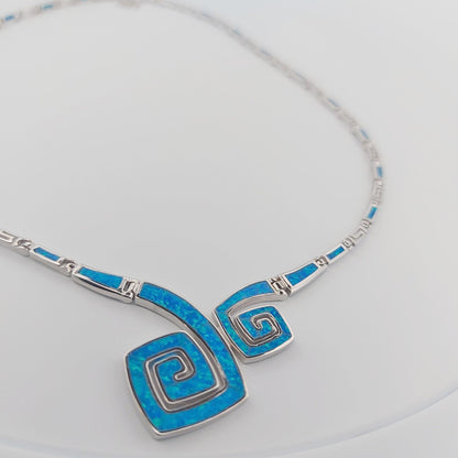 Blue Opal Greek Key Necklace, Sterling Silver Meander Design, Spiral Pattern