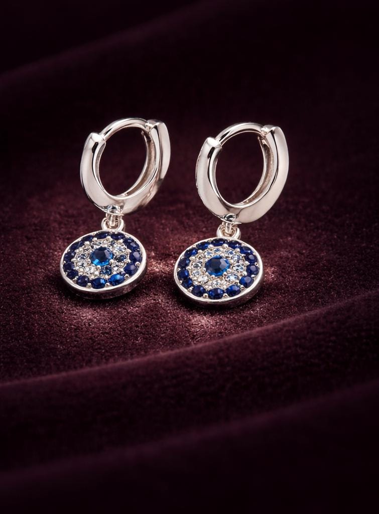 Evil Eye Hoop Earrings Sterling Silver With Blue White Zirconia Charm Hoops