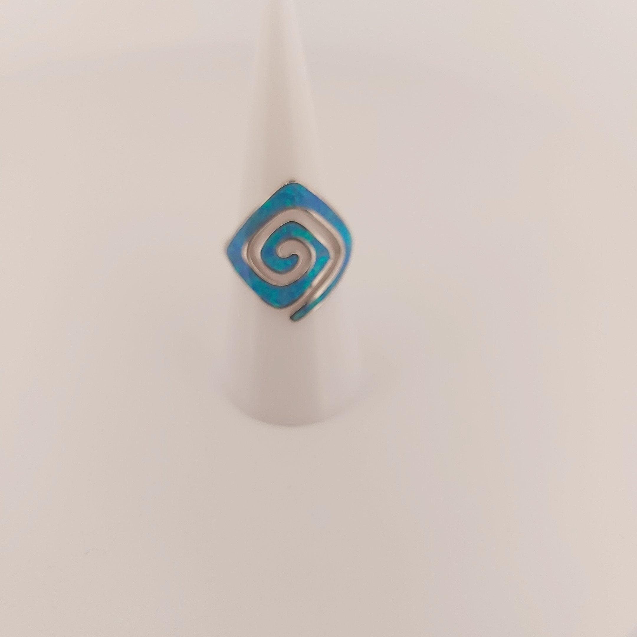 Blue Opal Rhombus Ring, Greek Key Meander Design, Sterling Silver