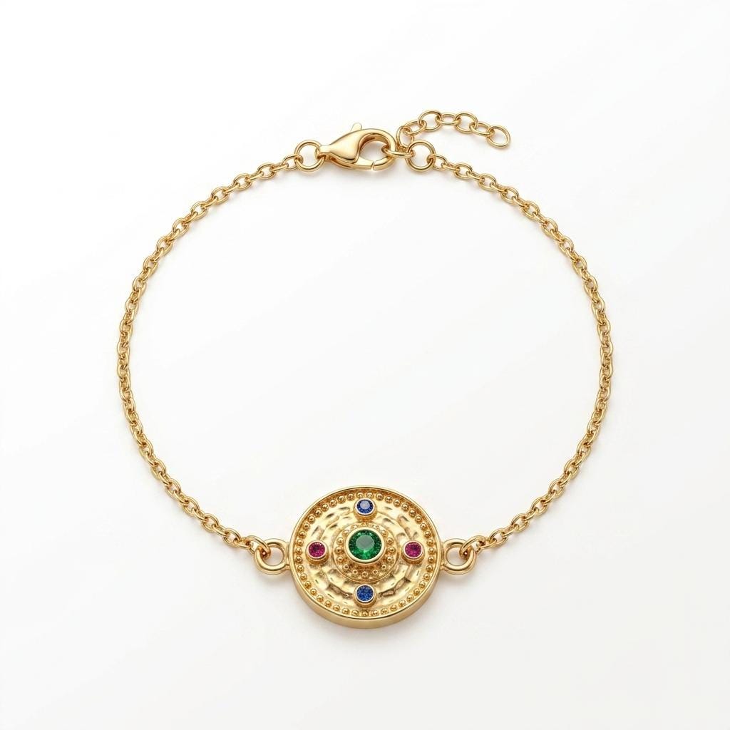 Gold Plated Bracelet – Byzantine Multicolor Gemstone Medallion With Adjustable Chain