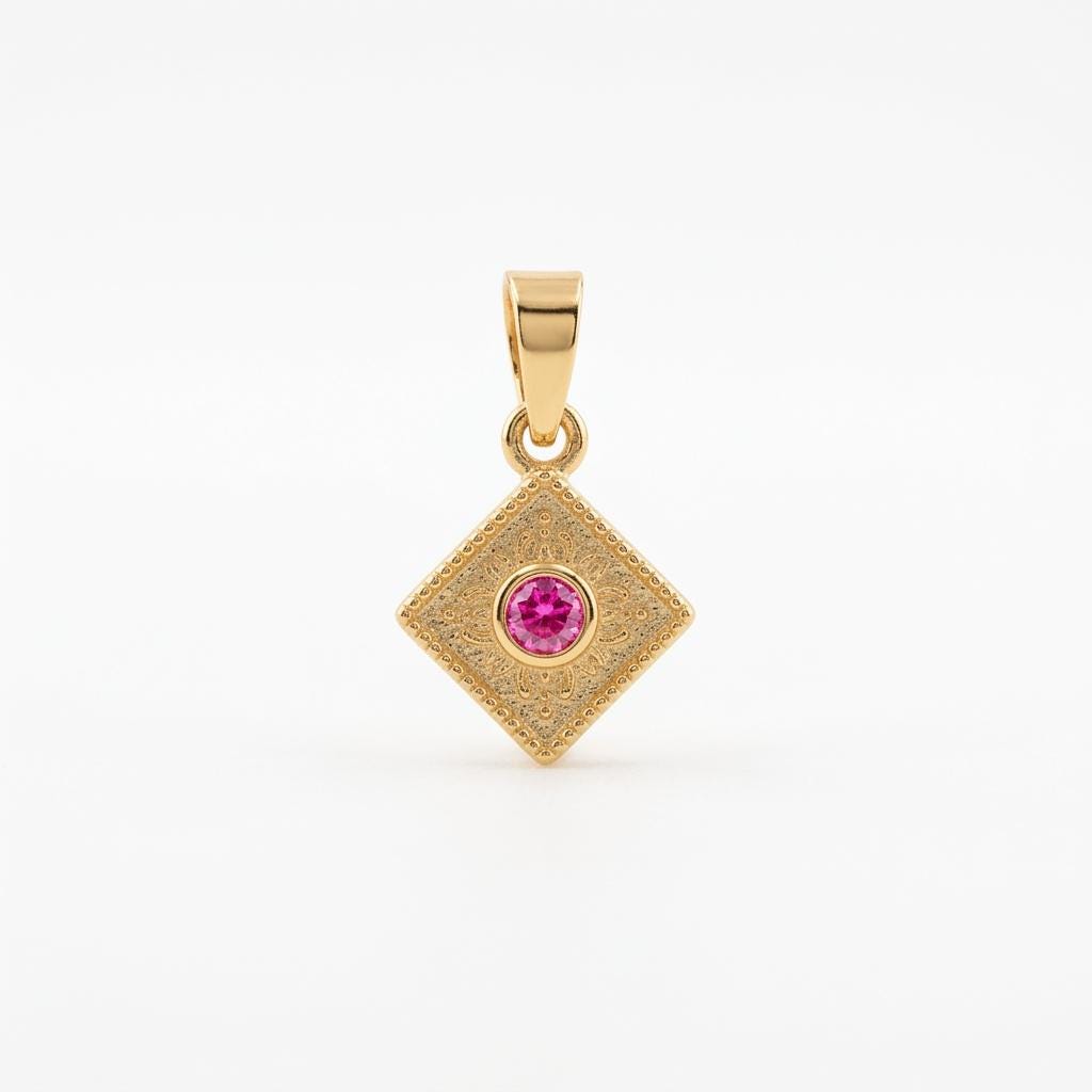 Gold Plated Pendant – Byzantine Diamond Shaped Pink Gemstone Charm with Fine Granulation