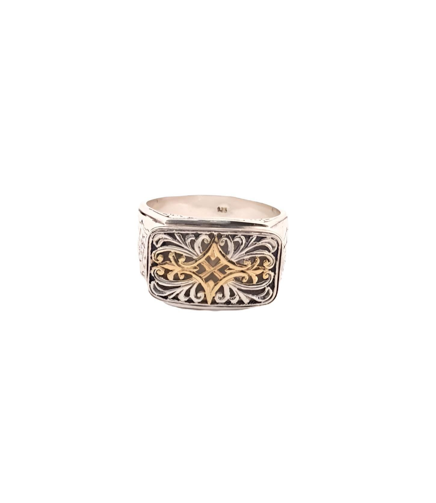 Byzantine Silver Ring – Gold Plated Band With Ornate Cross And Scrollwork Design