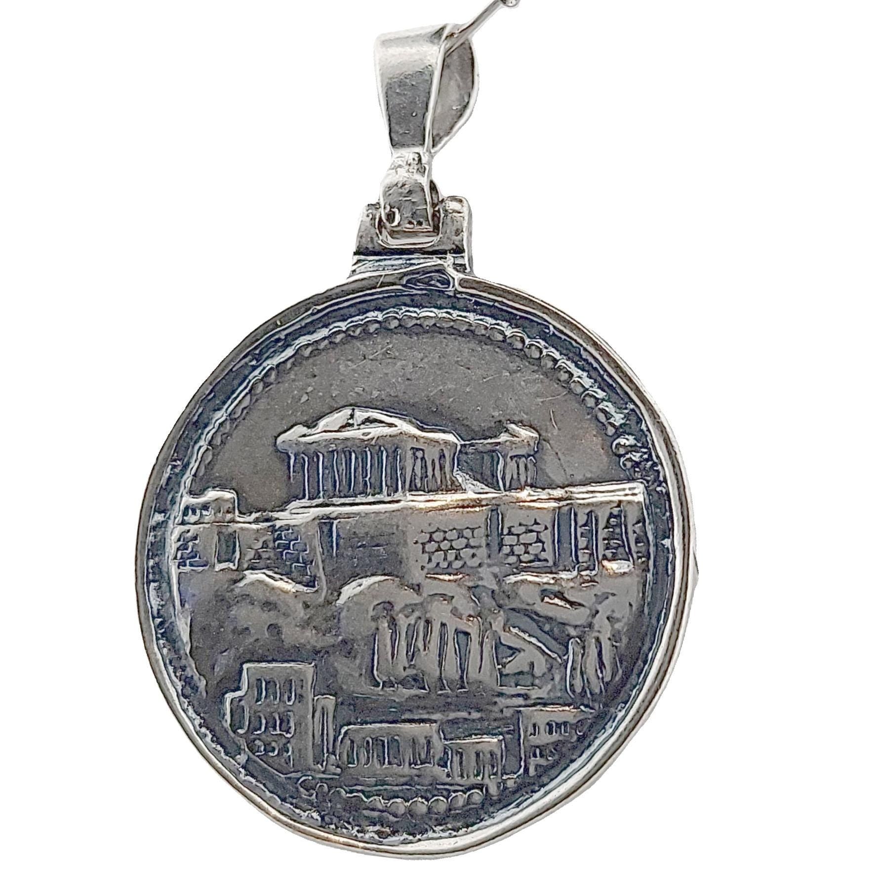 Double-Sided Silver Pendant: Acropolis Parthenon & Athenian Owl