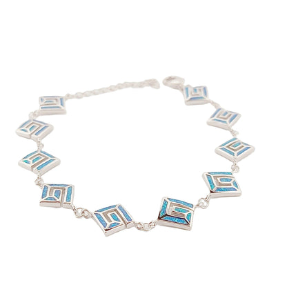 Greek Key Blue Opal Sterling Silver Bracelet, Meander Design, 925 Silver