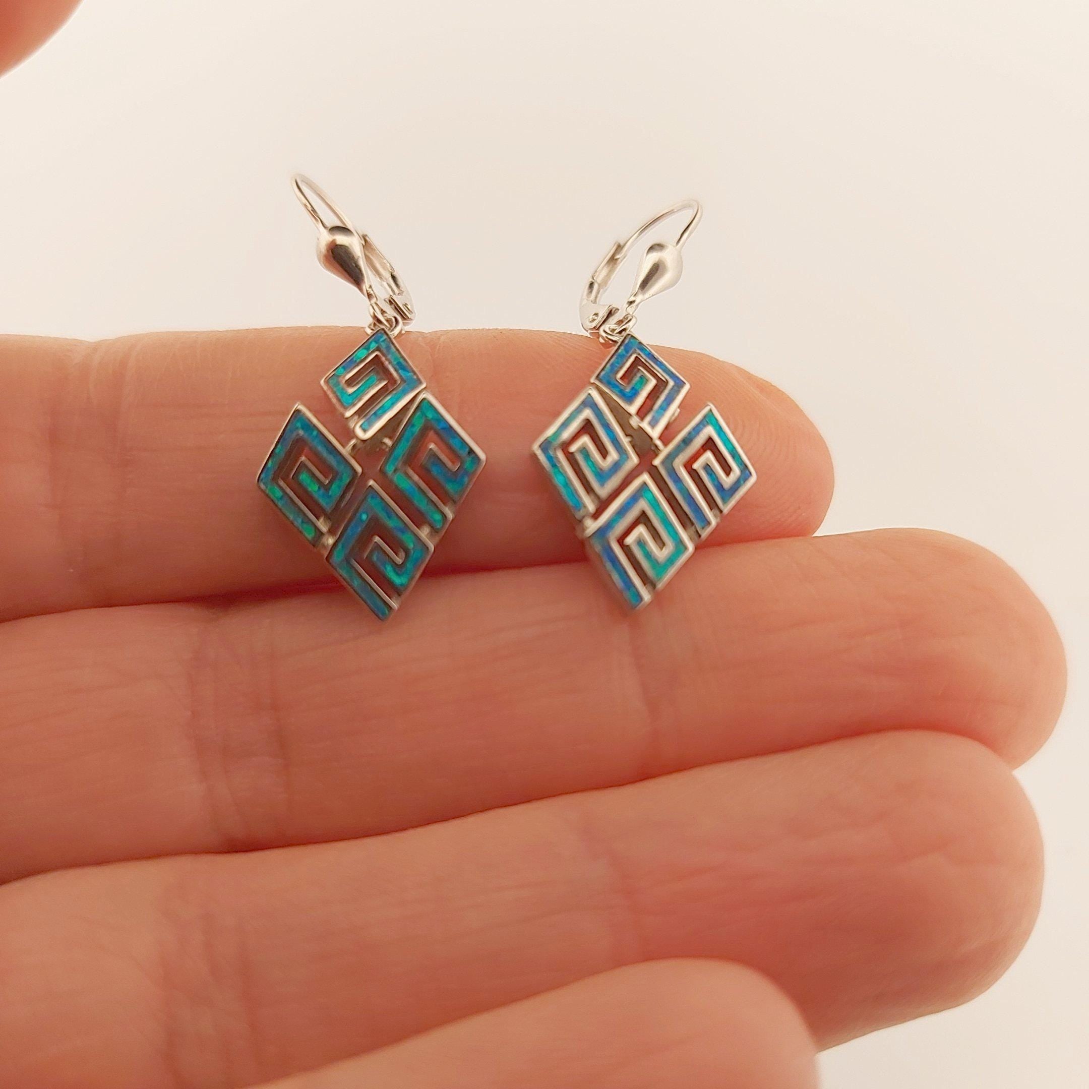 Sterling Silver Blue Opal Dangle Earrings: Greek Key Design