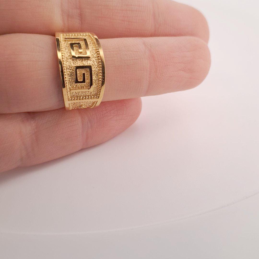 Greek Key Ring – Gold Plated Sterling Silver Wide Band Byzantine Meander Jewelry