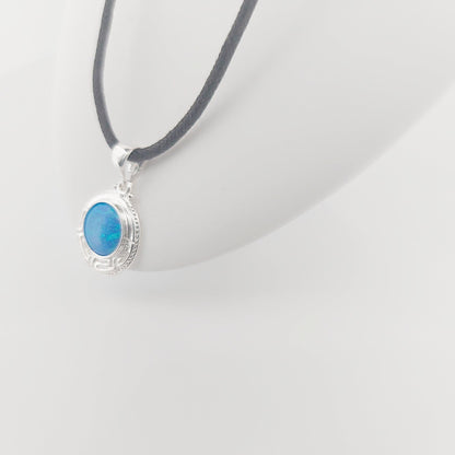 Blue Opal Silver Pendant: Greek Key Necklace