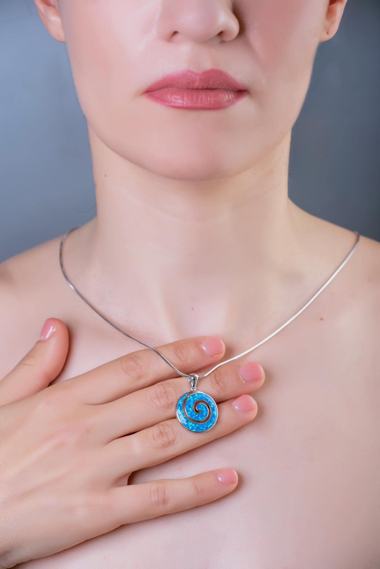 Blue Opal Sterling Silver Pendant: Greek Key Spiral Design