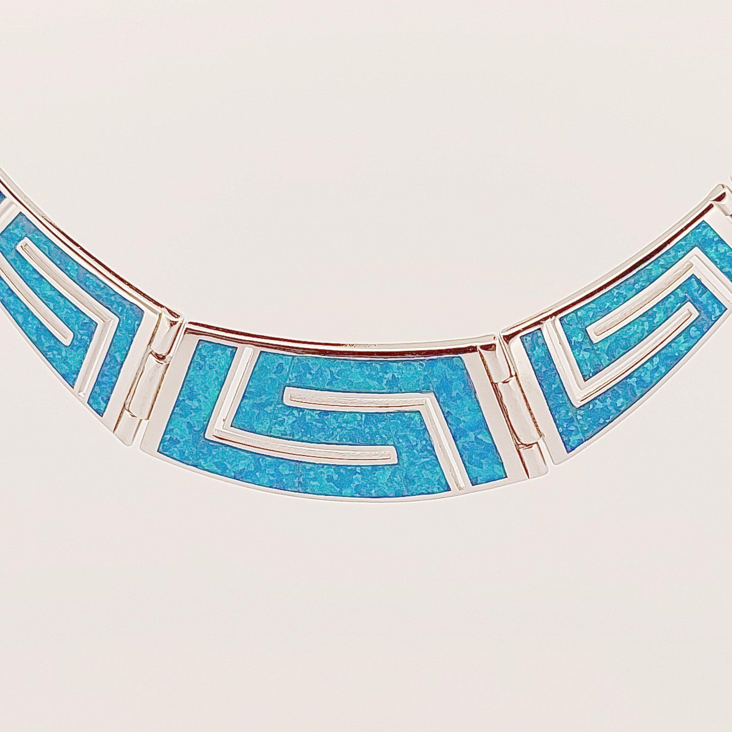 Sterling Silver Blue Opal Necklace, Greek Key Meander Design 925 Silver