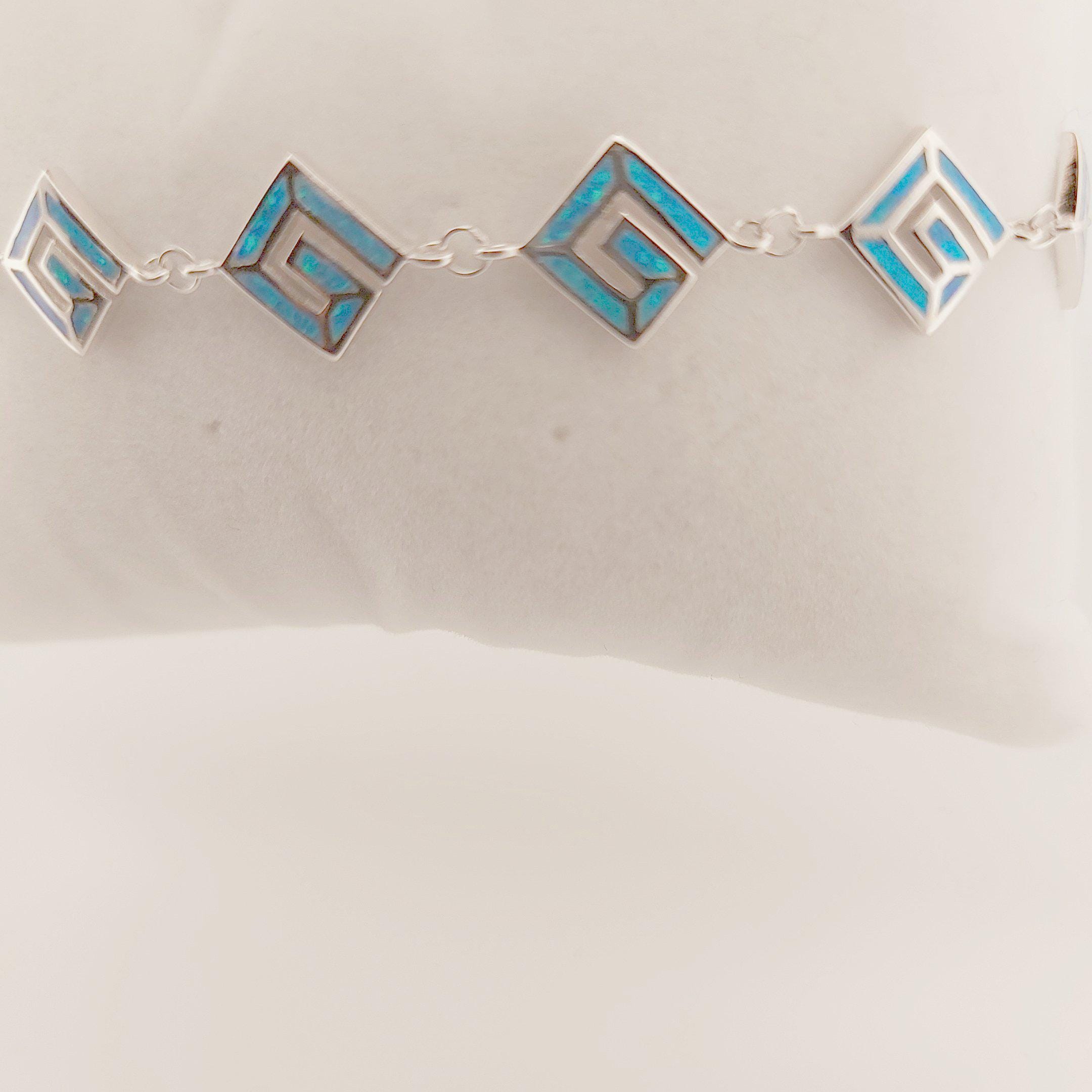 Greek Key Blue Opal Sterling Silver Bracelet, Meander Design, 925 Silver
