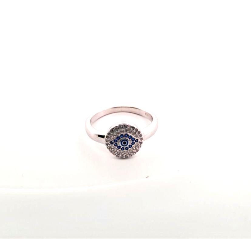 Evil Eye Ring Silver 925 – Blue Zircon Halo Protection Charm Jewelry