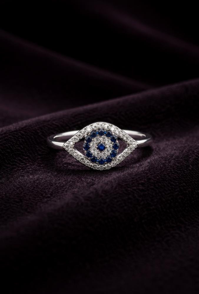 Silver Evil Eye Ring – Blue Zircon Center, Dainty Protective 925 Silver Band