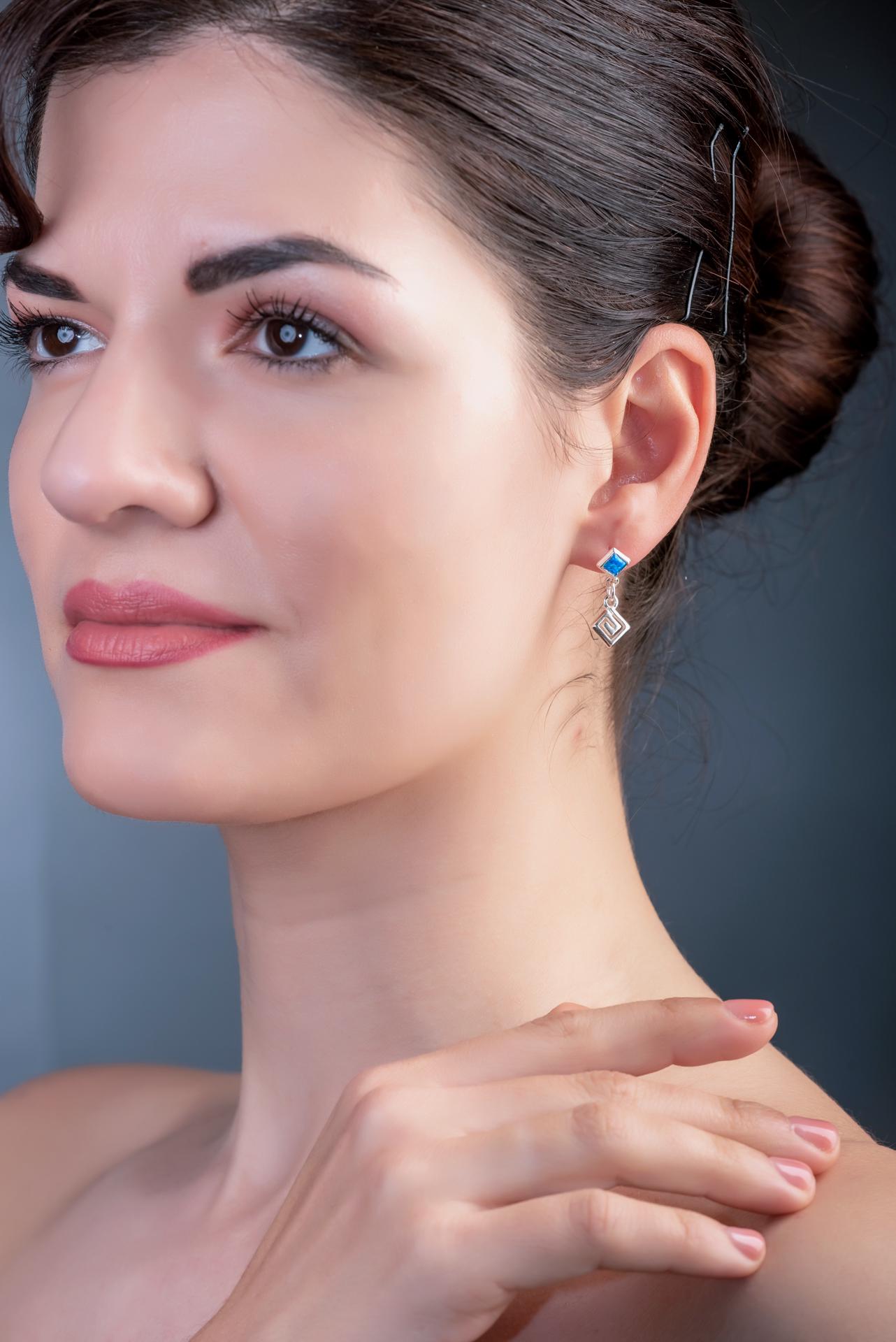 Sterling Silver Opal Dangle Earrings: Greek Key Meander Design