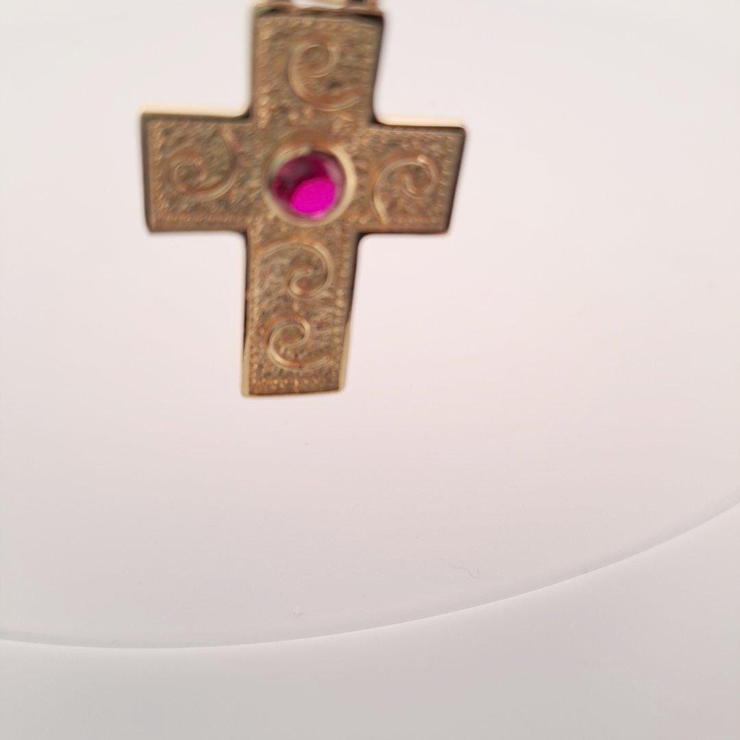 Gold Cross Pendant – Byzantine Cross With Red Gemstone | Ornate Greek Jewelry
