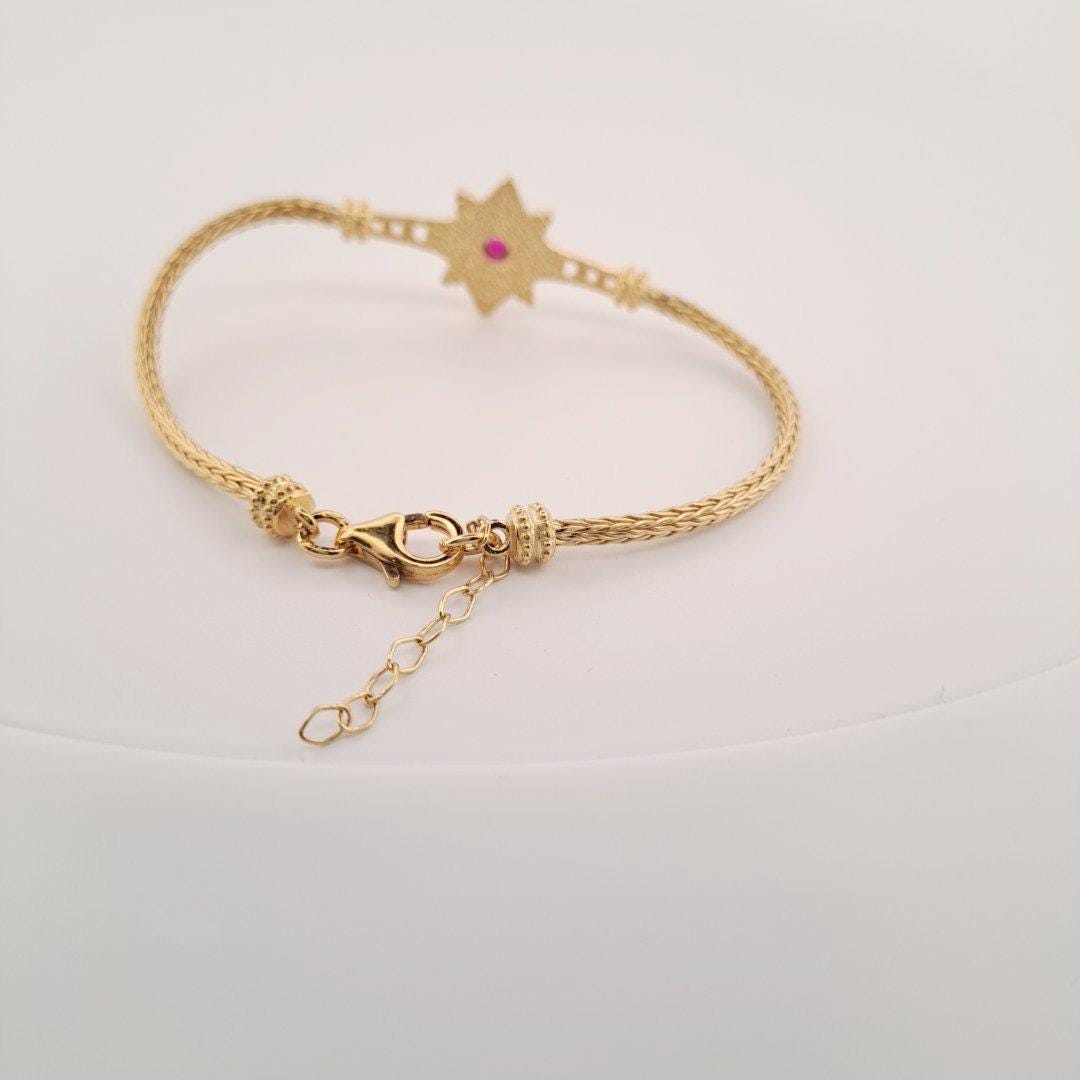 Gold Plated Bracelet - Sterling Silver Byzantine Style Woven Chain with Red Gemstone