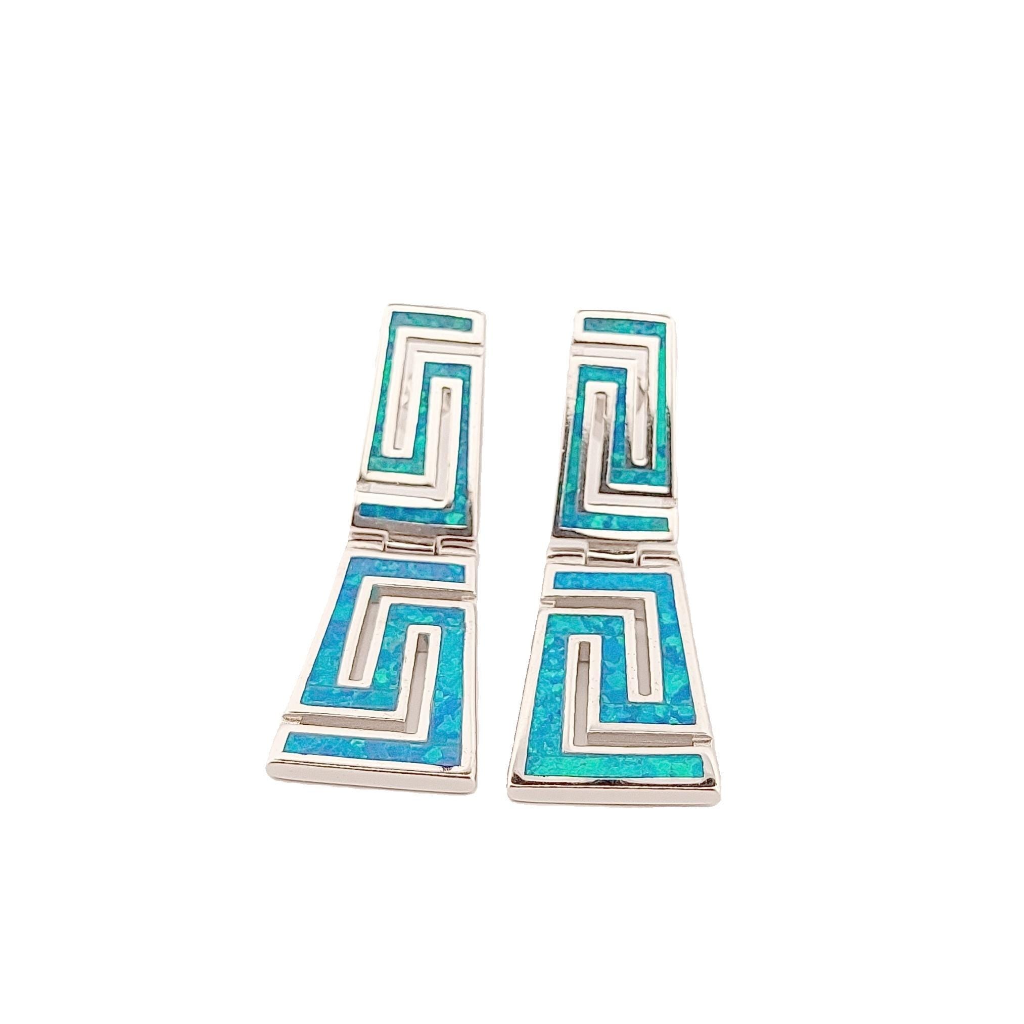 Sterling Silver Blue Opal Dangle Earrings: Greek Meander Design