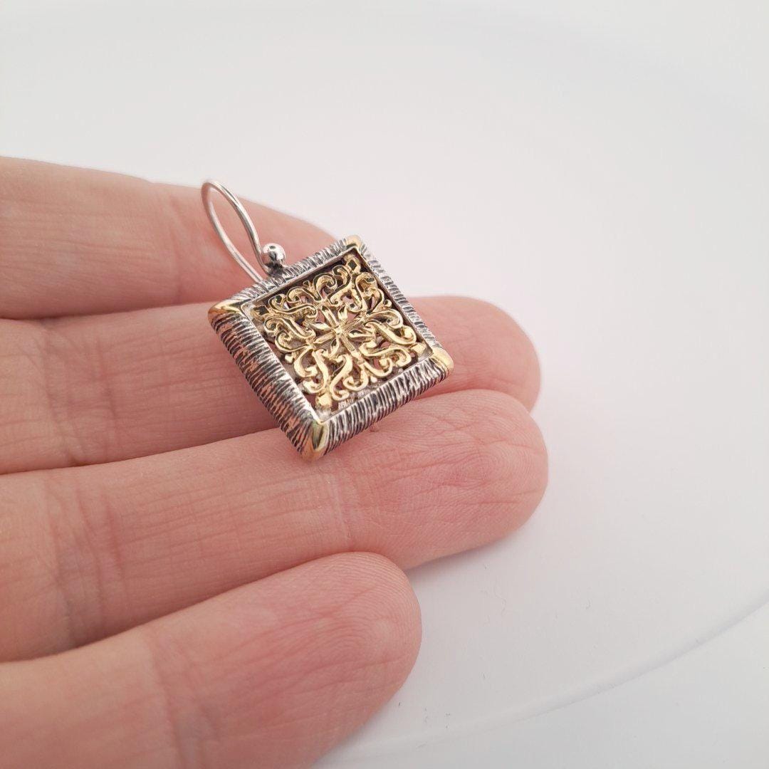 Byzantine Filigree Earrings – Two Tone Square Dangle Drops With Classic Hooks