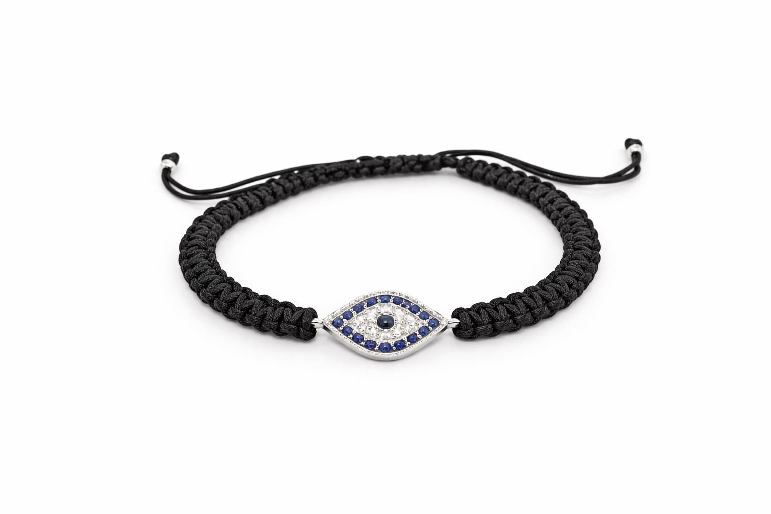 Evil Eye Bracelet – Black Cord Adjustable Fit With Silver Charm & Blue Zircon