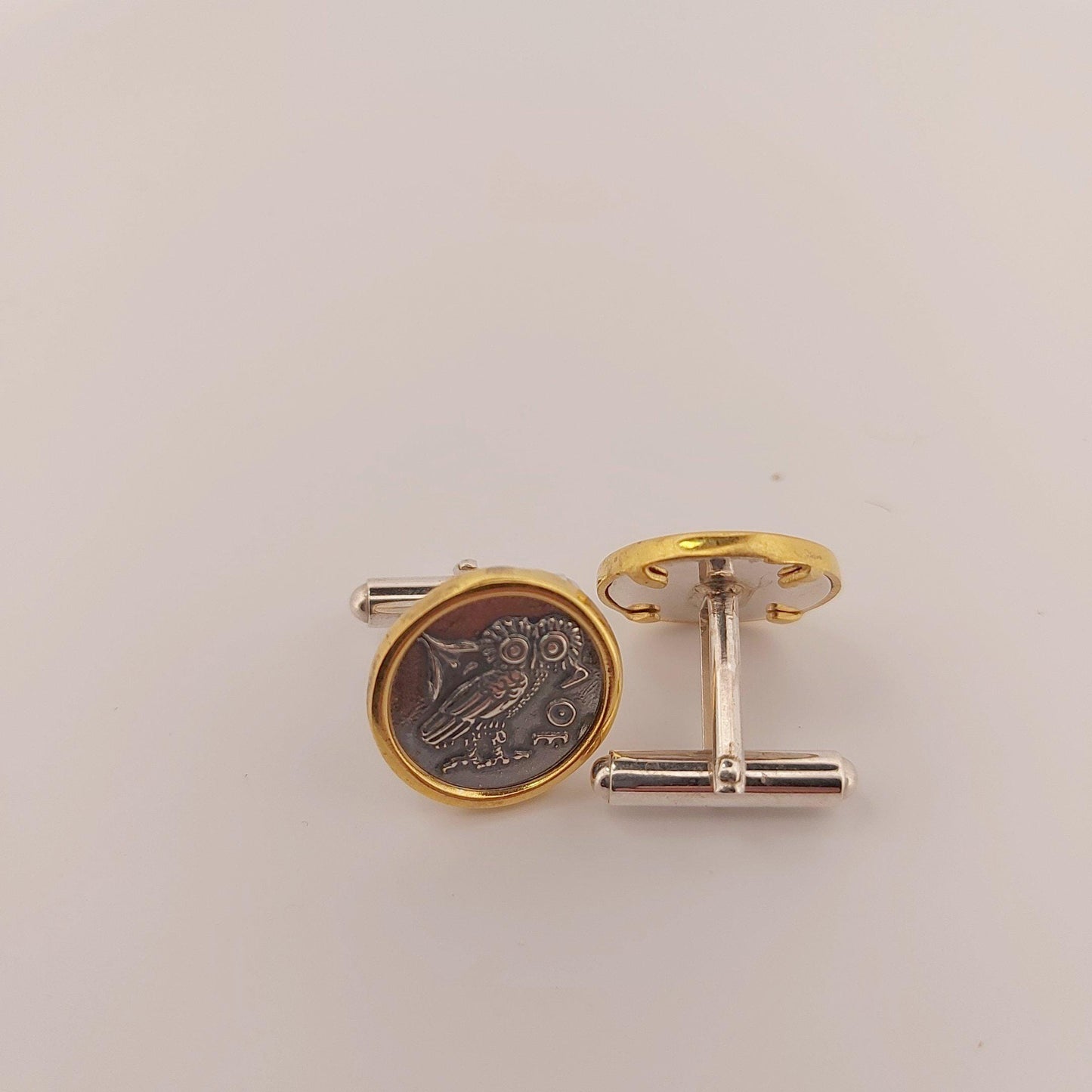 Athenian Owl Coin Cufflinks: Gold & Silver Plated, Ancient Greek Design