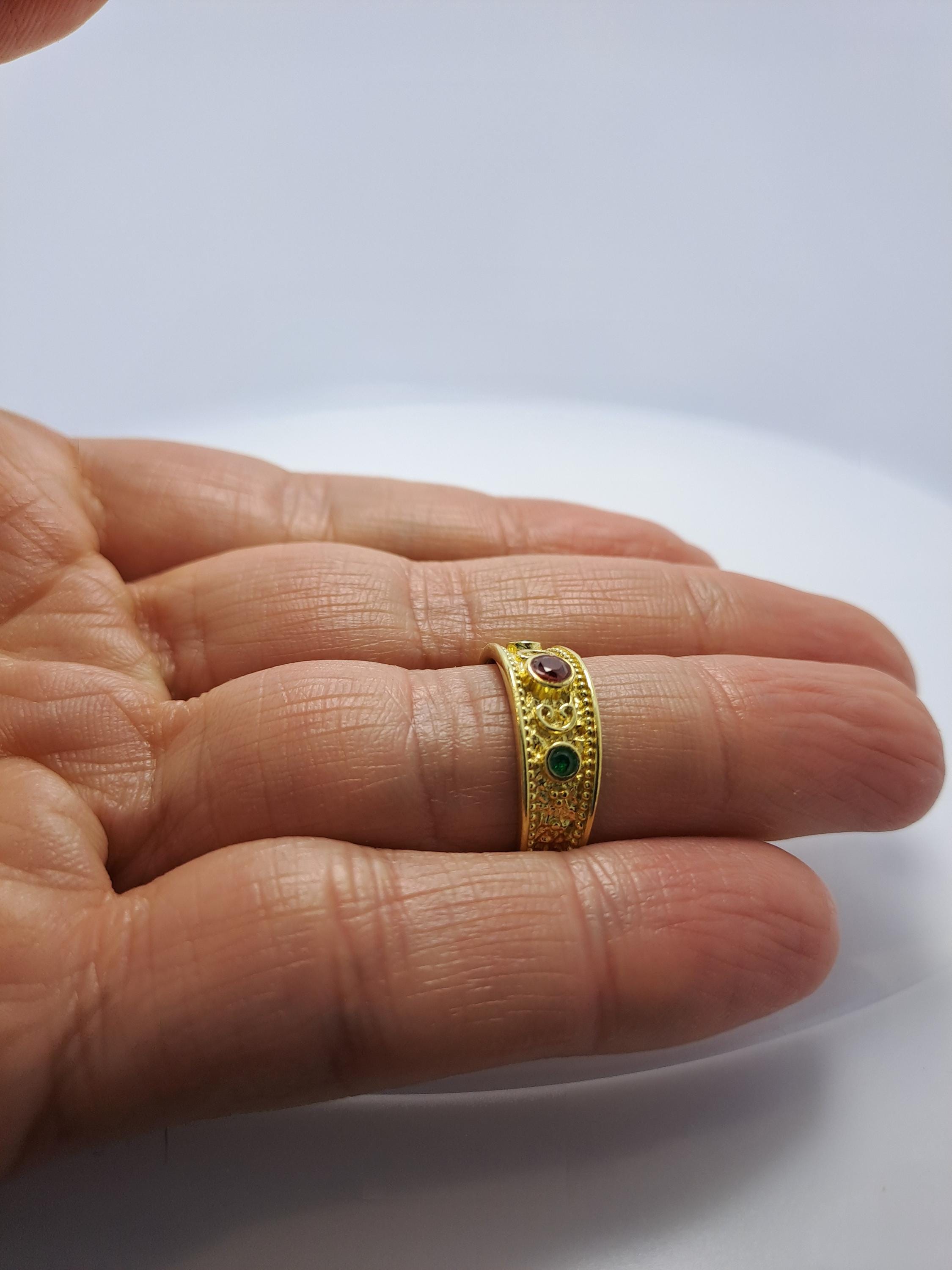 Byzantine Filigree Ring – Gold Statement Band with Red & Green Zircon Jewelry