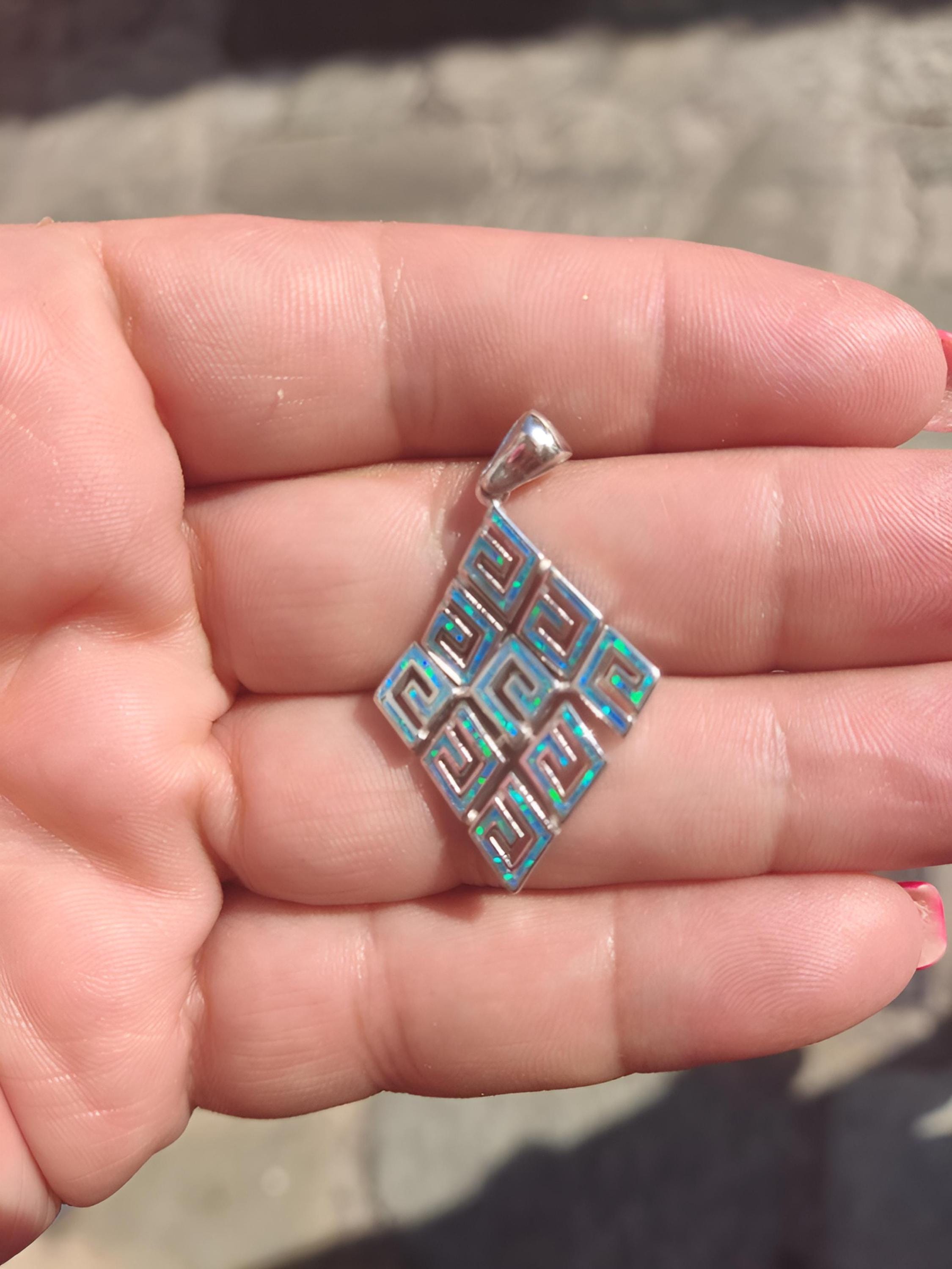 Blue Opal Greek Key Pendant: Sterling Silver Rhombus Charm