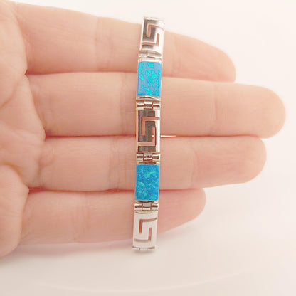 Sterling Silver Blue Opal Link Bracelet, Greek Key Meander Design