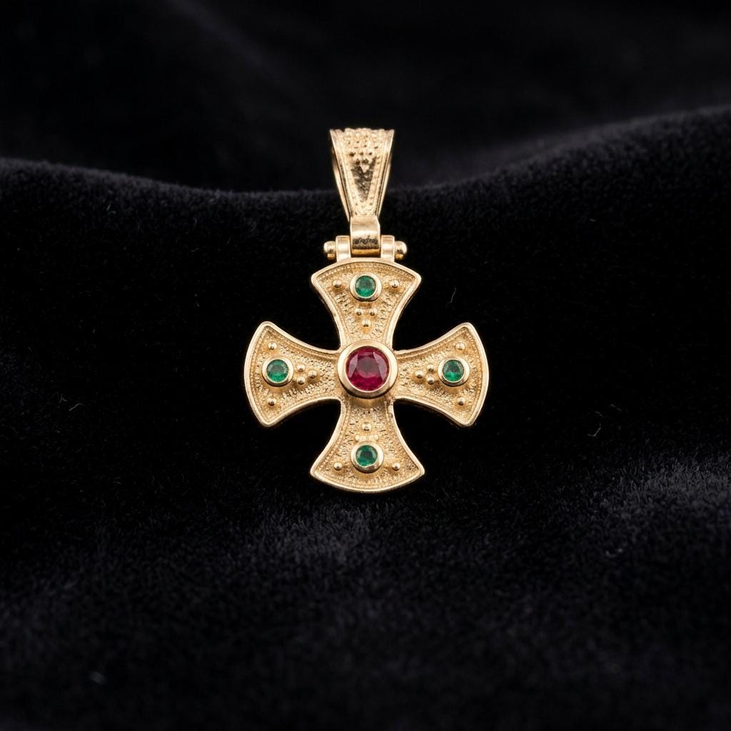 Gold Plated Cross Pendant – Byzantine Red Green Gemstone Antique Greek Charm