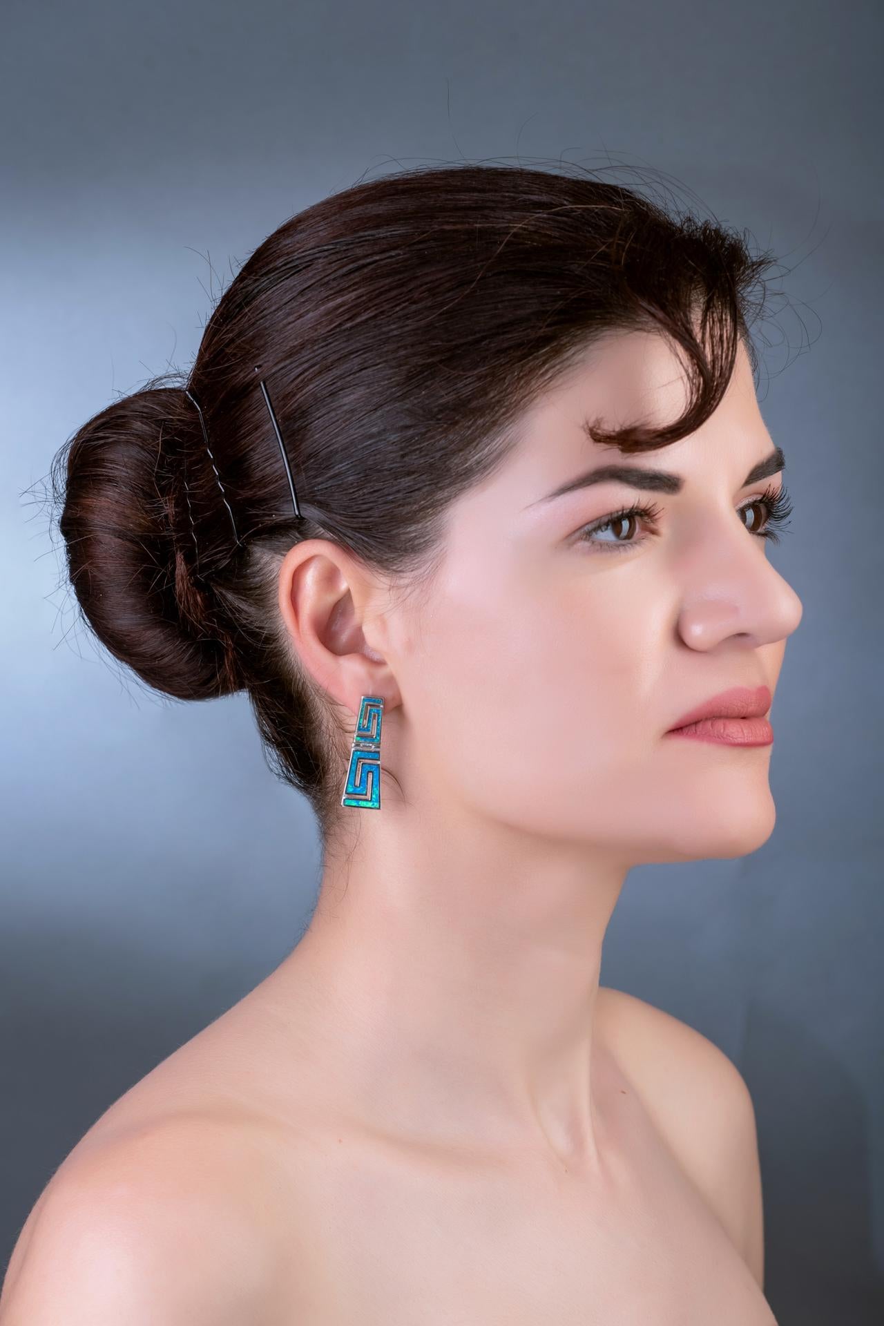 Sterling Silver Blue Opal Dangle Earrings: Greek Meander Design