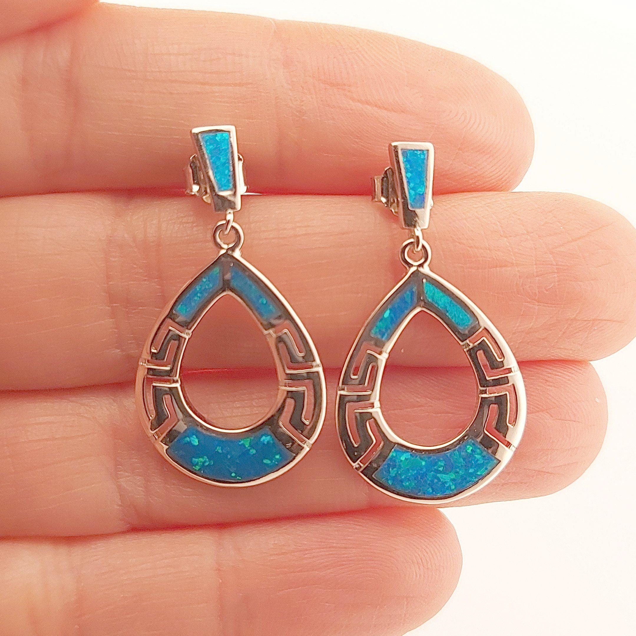 Blue Opal Greek Key Earrings: Sterling Silver Dangle, October Birthstone