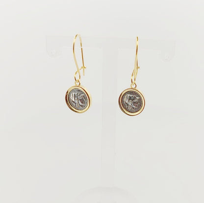 Greek Goddess Athena Dangle Earrings, Silver Gold Plated, Antique Coin Design, Greek Jewelry Motif