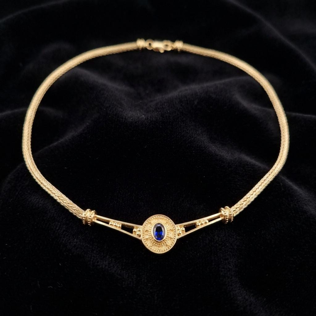 Gold Plated Byzantine Necklace – Blue Oval Gemstone Woven Chain, Antique Inspired Jewelry