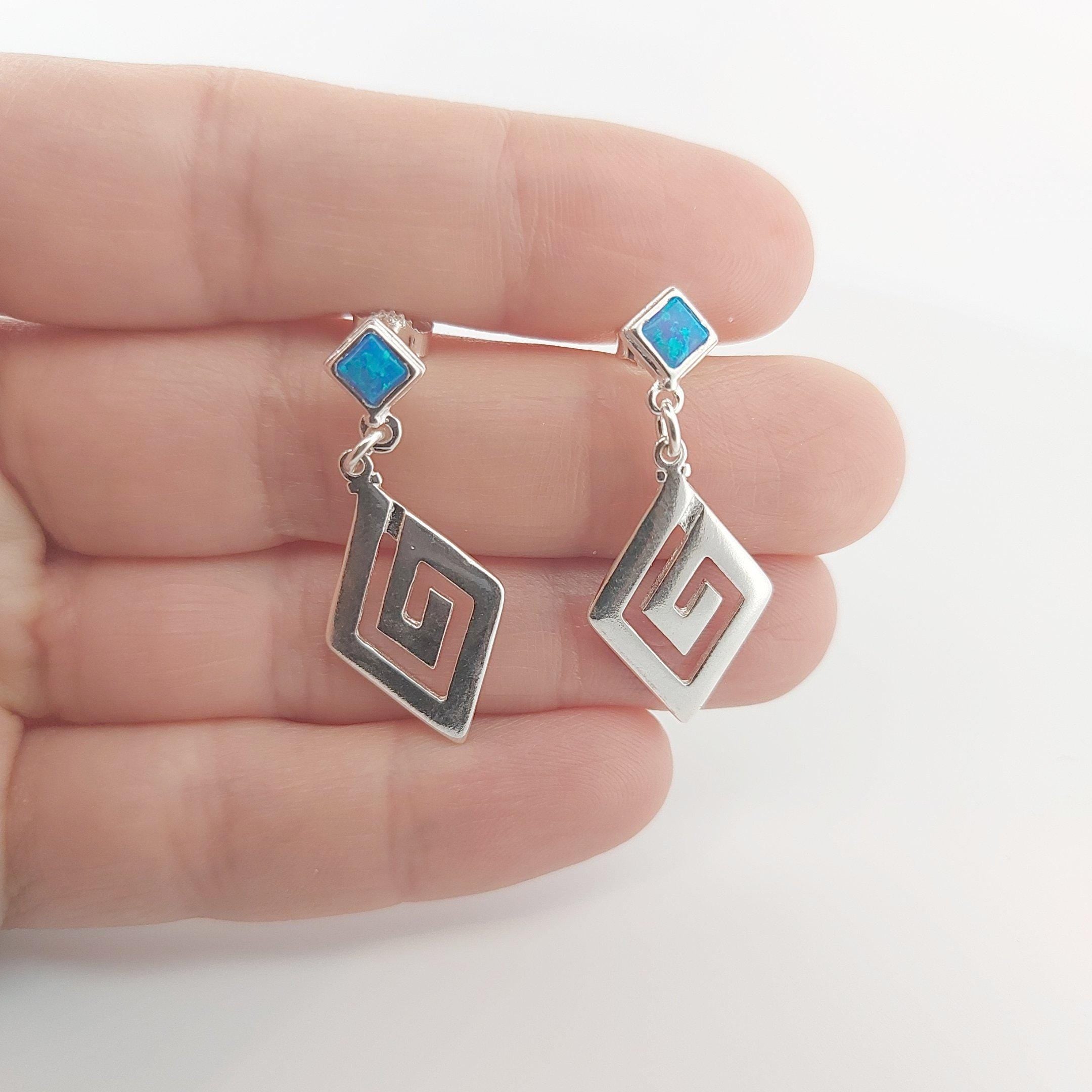 Blue Opal Greek Key Earrings: Sterling Silver Diamond Dangle, Handmade in Greece