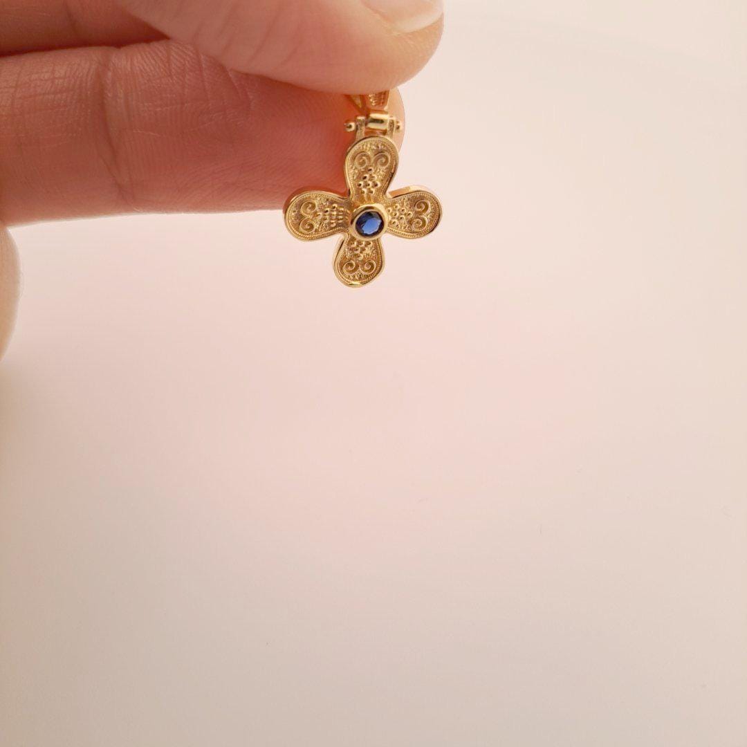 Gold Plated Cross Pendant – Byzantine Engraved Gemstone Necklace with Scroll Motif