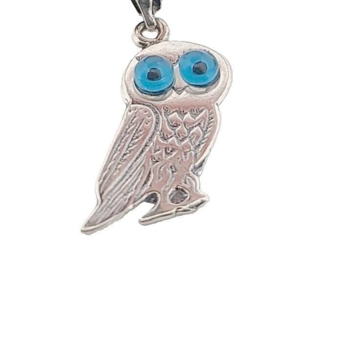 Sterling Silver Greek Owl Pendant: Athena Symbol, Evil Eye