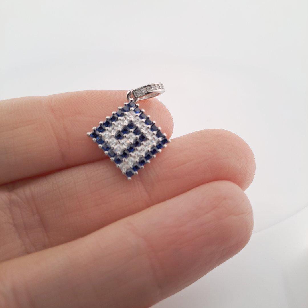 Greek Key Pendant - Silver Meander Design Charm With Blue Zirconia Stones