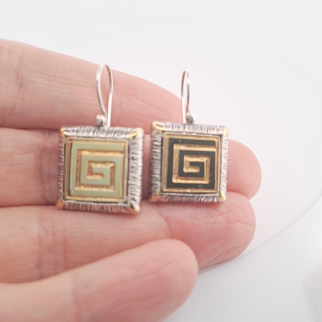 Greek Key Dangle Earrings – Two Tone Byzantine Style Square Drop Jewelry