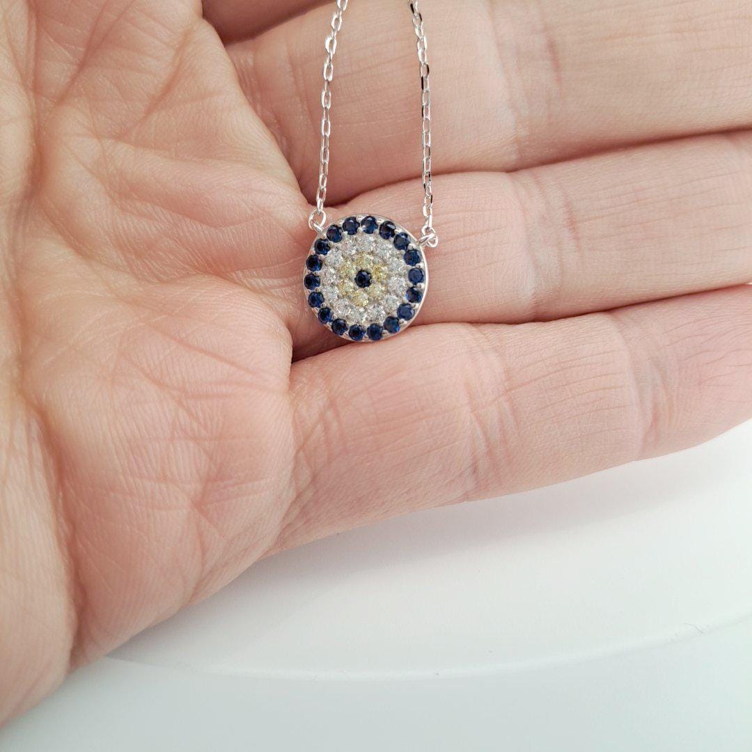 Evil Eye Pendant Necklace – Silver Round Blue Zirconia Protection Charm