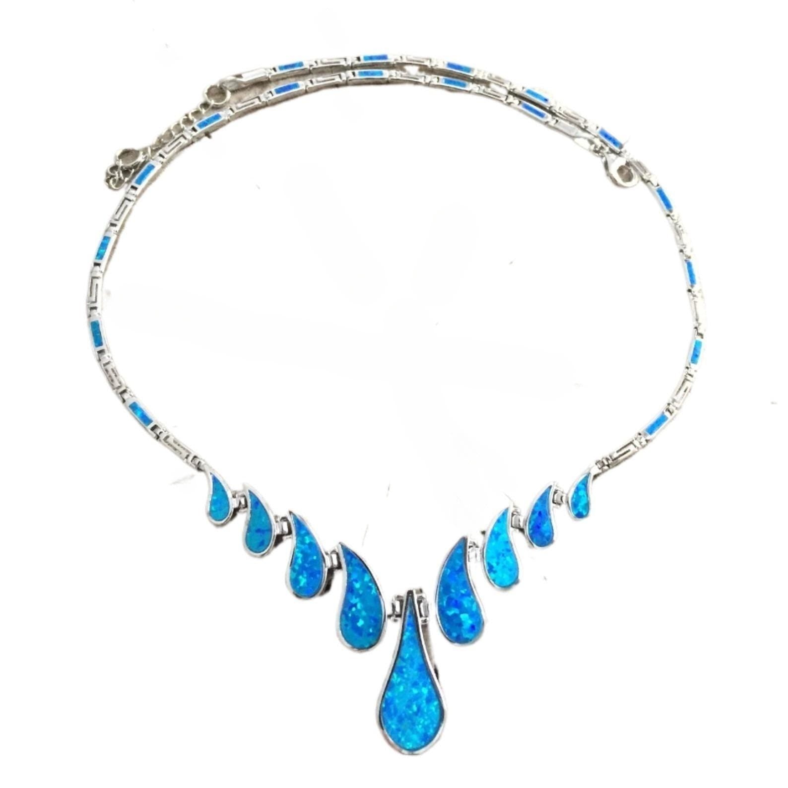 Blue Opal Teardrop Necklace, Sterling Silver, Meander Design