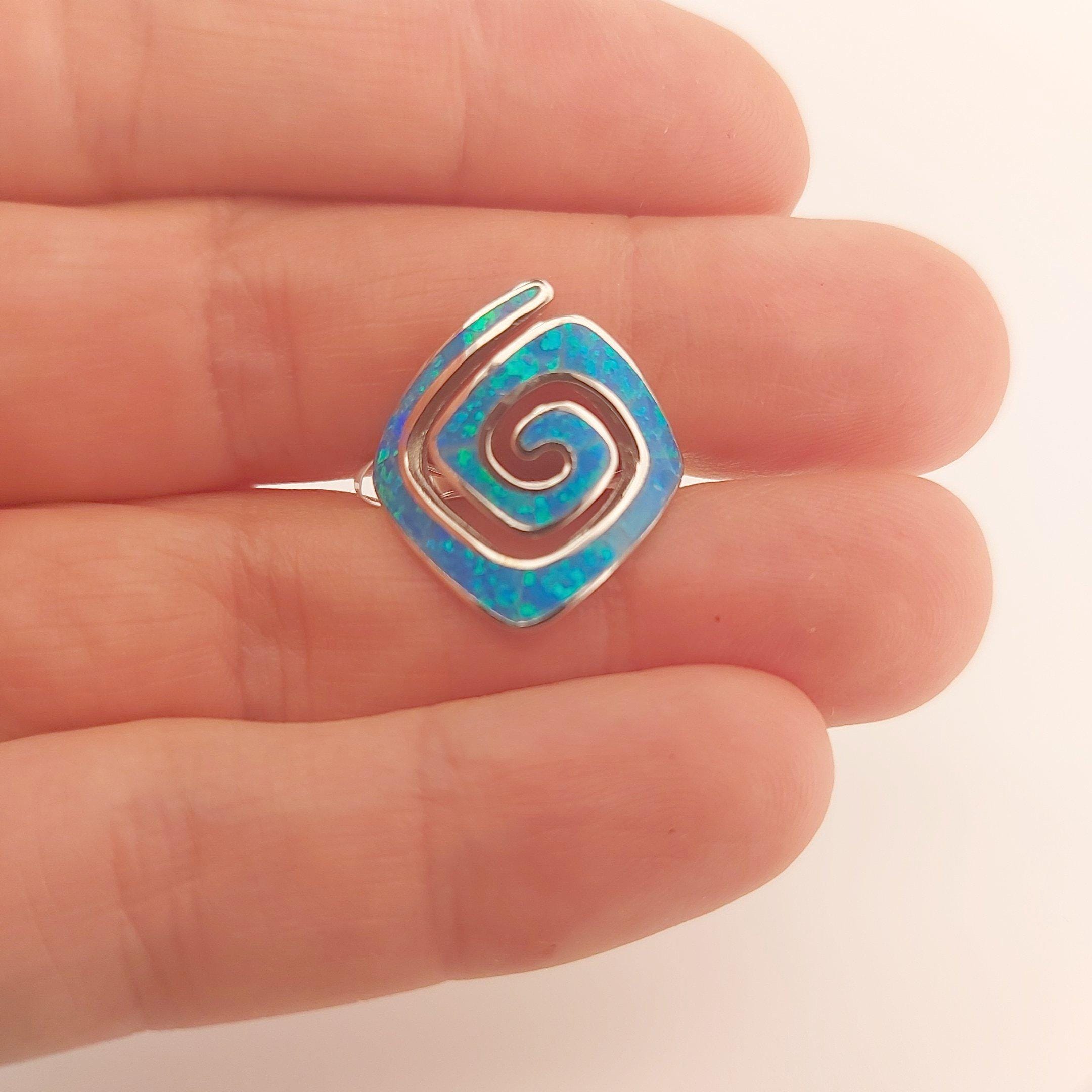 Blue Opal Rhombus Ring, Greek Key Meander Design, Sterling Silver